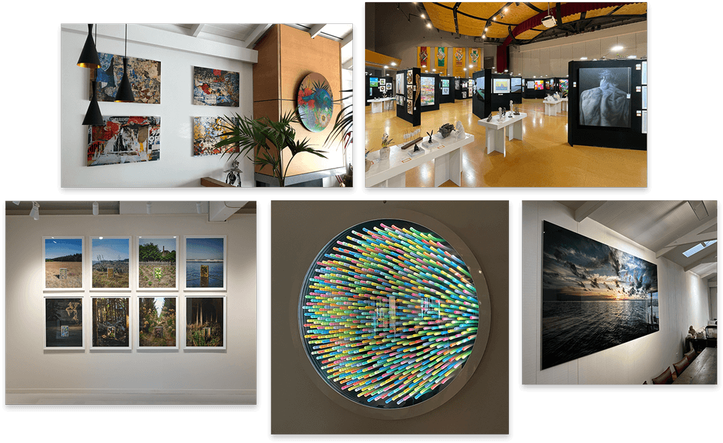 Montage of art and pictures that we have hung for happy clients.